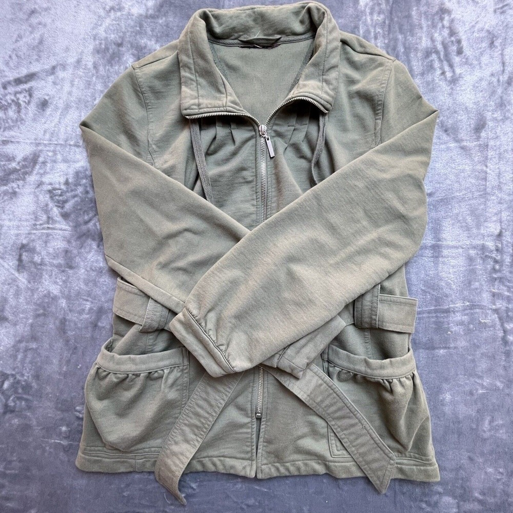 Green‎ Jacket Womens Small Belted Sweatshirt Pockets Mid Length Full Zip Casual